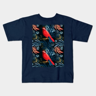 Boho Chic decorative tropical flowers and exotic red bird, Navy Blue floral Art trendy design Christmas Birthday Holiday Decoration Vintage Home Decor, clothes, greeting card, gifts idea Kids T-Shirt